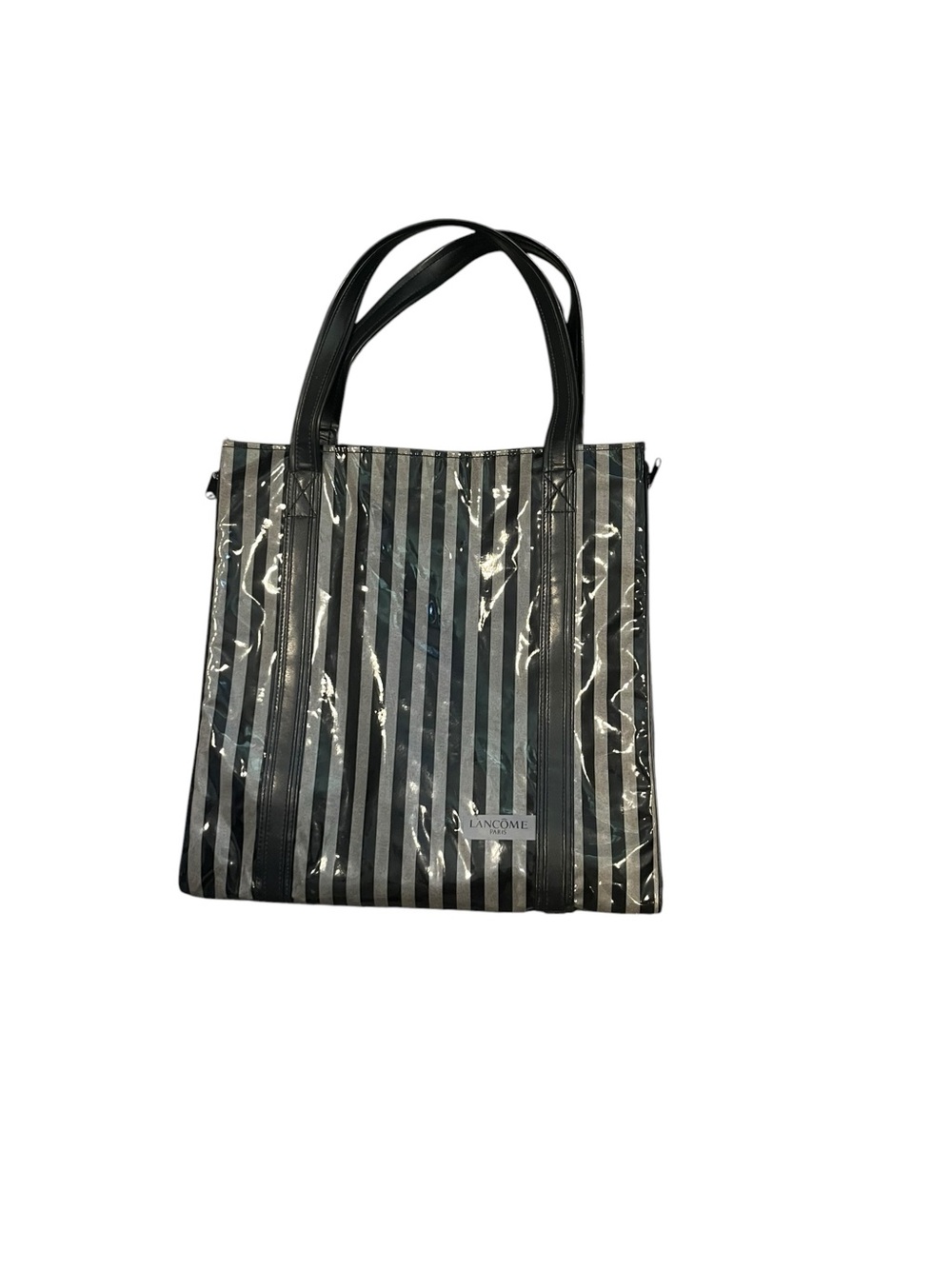 VTG Lancôme Paris Black Gray Striped Glossy Promo Tote Bag Expandable Rare